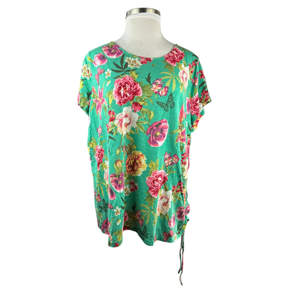 ✨2/$20 Belle Kim Gravel Slub Knit Side Ruched Top Full Bloom Floral Plus Size 4X - Picture 8 of 15